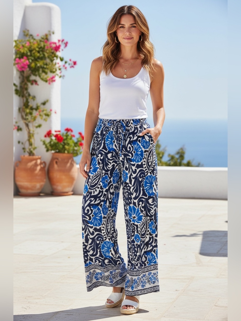 Patrons of Peace Navy and Blue Floral Wide-Leg Pants